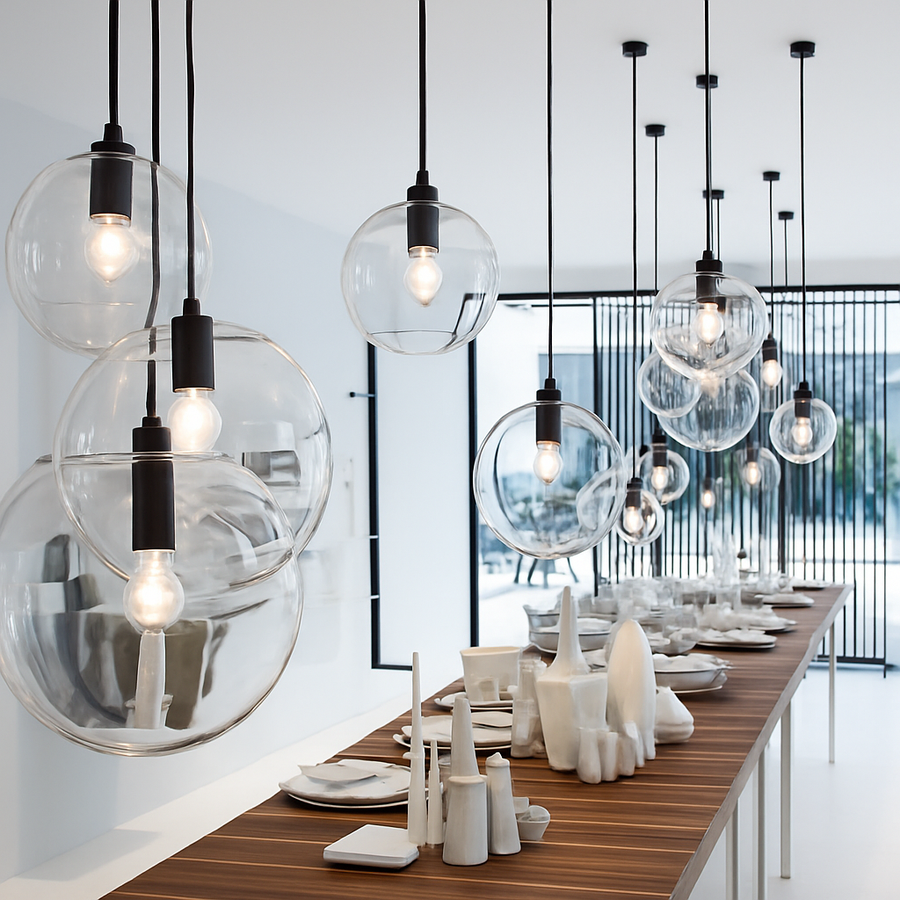 Suspension design boule en verre à LED rose gold ou noire